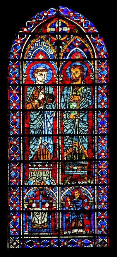 Zwei Heilige - einer ist Nicaise; Stifterpriester unten von French School