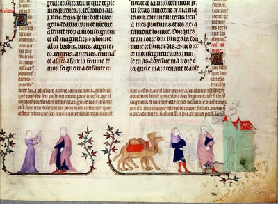Zwei Szenen aus der Geschichte von Rebecca am Brunnen, aus der Bibel von Jean de Sy, ca. 1355 von French School