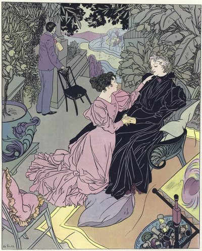 Zwei Frauen sitzen in einem Wintergarten von French School