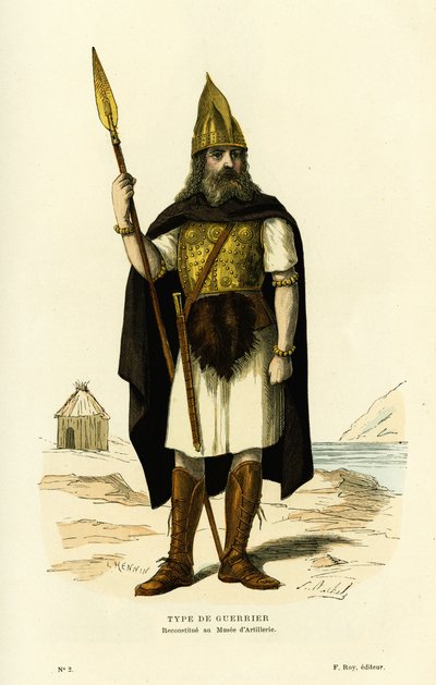 Typ eines gallischen Kriegers, mit Speer und Nydam-Schwert. Farbgravur nach der Zeichnung von L. Hennin, in „Frankreich und die Franzosen durch die Jahrhunderte“ von Augustin Challamel, F. Roy Herausgeber, Paris 1882. Sammlung Selva. von French School