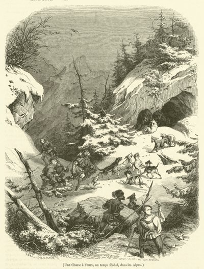 Eine Bärenjagd im feudalen Zeitalter in den Alpen von French School