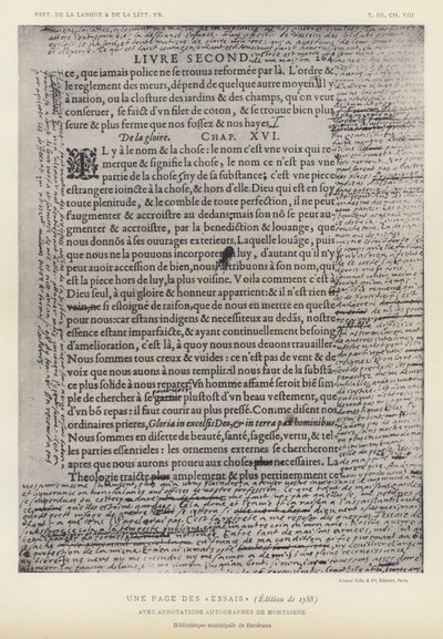 Eine Seite aus den Essais, Ausgabe von 1588, mit handschriftlichen Anmerkungen von Montaigne (Lithographie) von French School