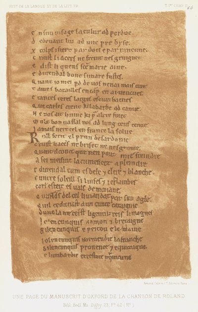 Eine Seite des Oxford-Manuskripts des Rolandslieds (Farblithographie) von French School