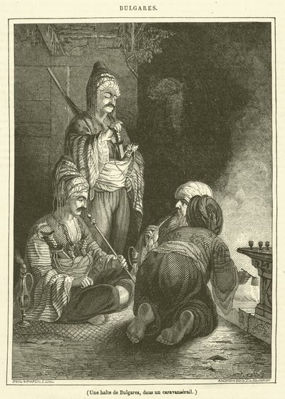Eine Rast von Bulgaren in einem Karawanserei von French School