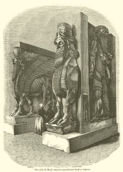 Ein Saal des neu gegründeten assyrischen Museums im Louvre (Gravur) von French School