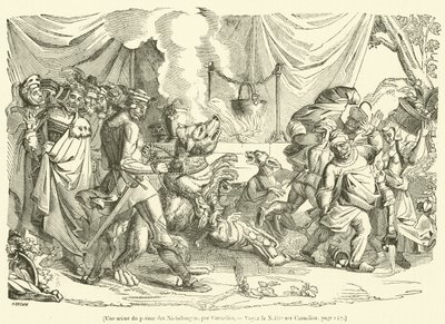 Eine Szene aus dem Nibelungenlied (Gravur) von French School
