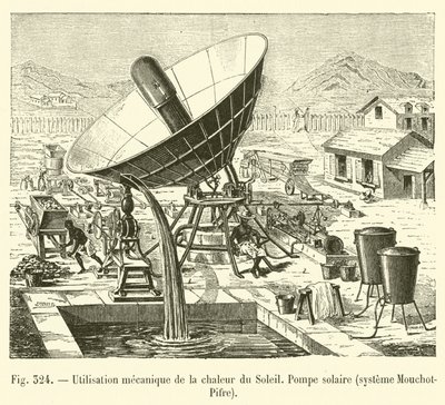 Mechanische Nutzung der Sonnenwärme, Solarpumpe, System Mouchot-Pifre (Stich) von French School