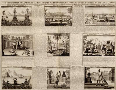 Verschiedene Ansichten von Siam und Ayutthaya, aus Du Royaume de Siam von Simon de la Loubere, veröffentlicht 1688 von French School