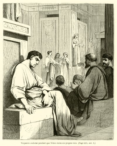 Vespasian schläft, während Nero seine eigenen Verse rezitiert von French School