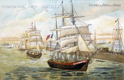 Schiffe der Westindien-Kompanie im Hafen von Le Havre. 19. Jahrhundert Illustration aufbewahrt in der Stadtbibliothek von Dinan. von French School