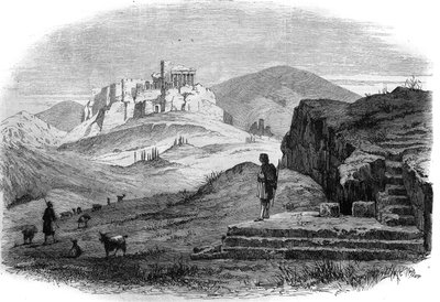Ansicht von Pnyx, Hügel von Athen westlich der Akropolis mit Blick auf die antike Agora. Gravur nach einer Zeichnung von M.F. Sargeais in „Das illustrierte Universum“ von French School