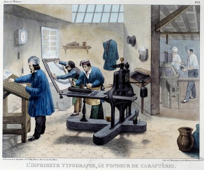 Ansicht einer Druckwerkstatt: der Typograf und der Schriftsetzer. Lithographie von Bineteau von French School