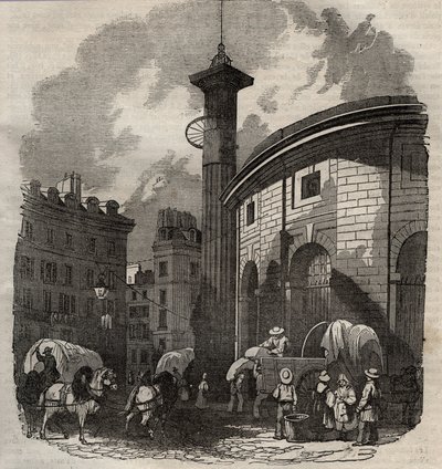 Ansicht der Halle au Blé in Paris (erbaut 1763-1769) und der Medici-Säule, Gravur Anfang des 19. Jahrhunderts - Weizen- und Maisbörse in Paris (erbaut 1763-1769), Gravur Anfang des 19. Jahrhunderts - Ansicht der Halle au Blé, platziert auf dem heutigen Hôt von French School
