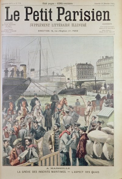 Ansicht der Docks in Marseille während des Seestreiks, von der Titelseite von Le Petit Parisien, 21. Dezember 1902 von French School