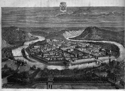 Ansicht der Stadt Besançon im Doubs. Gravur von 1880 in „La republique illustree“ private Sammlung von French School
