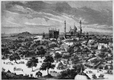 Ansicht der Stadt Delhi (Indien) im Jahr 1857. Nach einer Skizze von Prinz Alexis Soltykoff. Gravur von Bertrand in „Le Monde Illustré“ Nr. 20 vom 29. August 1857. von French School