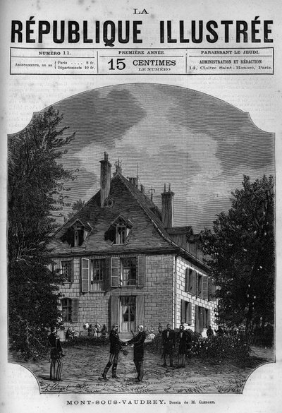 Ansicht des Hauses von Präsident Jules Grévy (1807-1891) in Mont-sous-Vaudrey in Franche-Comté. Gravur von 1880 in „La république illustrée“ private Sammlung. von French School