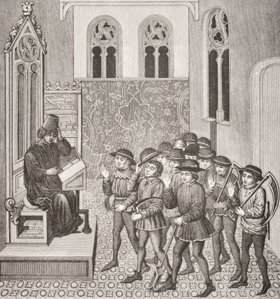 Bösewichte erhalten die Befehle ihres Herrn, bevor sie zur Arbeit gehen, nach einer Miniatur in einem Manuskript aus dem 15. Jahrhundert, aus Le Moyen Age et La Renaissance von Paul Lacroix (1806-84) veröffentlicht 1847 von French School