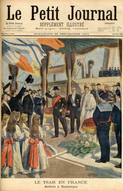 Besuch von Zar Nikolaus II. von Russland in Frankreich Erste Seite der Zeitung „Le Petit Journal“ vom 29. September 1901 (Gravur) von French School
