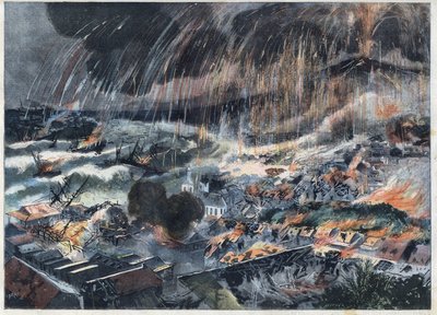 Vulkanausbruch des Pelee-Berges auf Martinique: Der Vulkan zerstört die Stadt Saint Pierre. Gravur in „Le Petit Parisien“. von French School