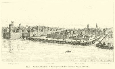 Blick auf das Hotel de Nesle, den Pré aux Clercs und Saint-Germain des Prés im 14. Jahrhundert von French School