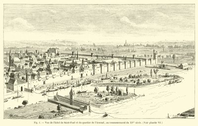 Blick auf das Hotel von Saint-Paul und das Arsenalviertel, Anfang des 15. Jahrhunderts, siehe Tafel VI von French School