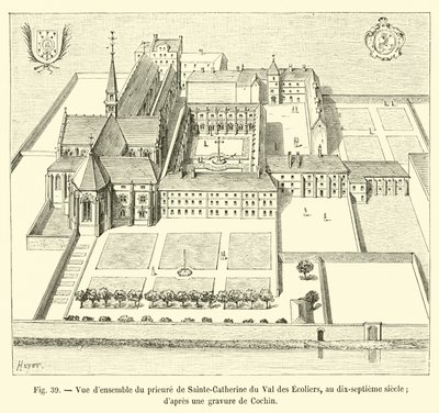 Gesamtansicht des Priorats von Sainte-Catherine du Val des Ecoliers im 17. Jahrhundert (nach einer Gravur von Cochin) von French School