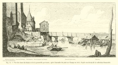 Ansicht der Türme des Palastes und der provisorischen Brücke nach dem Brand der Pont au Change im Jahr 1621, nach einer Zeichnung aus der Sammlung Bonnardot von French School