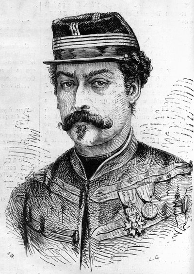 Porträt von Leon Franchetti (1834-1870), französischer Soldat, Kommandant der Scouts der Seine. Gravur in „Le Monde Illustré“ Nr. 714 vom 17. Dezember 1870. von French School