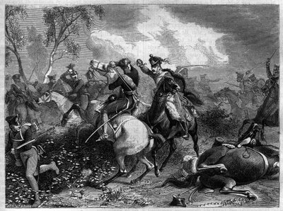 Krieg der Vierten Koalition 1806 - 1807 - Prinz Louis Ferdinand von Preußen tödlich verwundet im Kampf mit der einfallenden englischen Kavallerie in der Schlacht bei Saalfeld während der Napoleonischen Kriege von French School