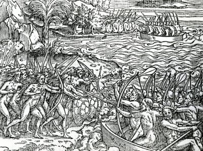 Kriegsszene, Brasilien, Illustration aus "Singularities of France Antarctique" von Andre de Thevet, 1558 von French School