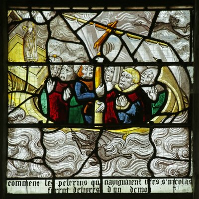 Fenster mit dem Heiligen Nikolaus, der Pilger vor einem Schiffbruch rettet von French School