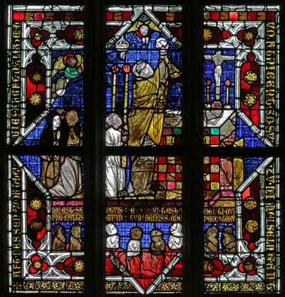Fenster mit Darstellung eines Priesters, der die Hostie erhebt, und der Seelen im Fegefeuer von French School