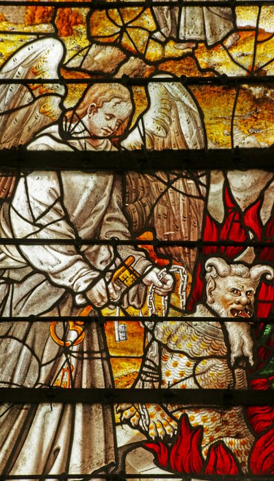 Fenster mit einer Szene aus dem Buch der Offenbarung: Engel mit Schlüssel zur Grube, Satan von French School