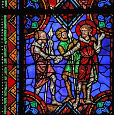 Fenster w06, Darstellung der Geschichte des Heiligen Julian von Brioude - Heiliger Ferreol, ein Freund von Julian, der während der Diokletianischen Verfolgungen starb, wird verhaftet von French School