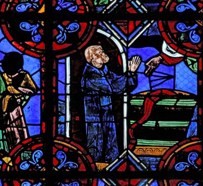 Fenster w06, Darstellung des Wunders des vollen Weinfasses bei der Gründung der Abtei des Heiligen Julian von French School
