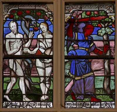 Fenster w101, Darstellung von Adam und Eva und der Schlange; Vertreibung aus dem Paradies von French School