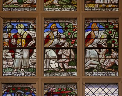 Fenster w101, Darstellung der Erschaffung von Fischen und Tieren; Erschaffung von Adam und Eva von French School