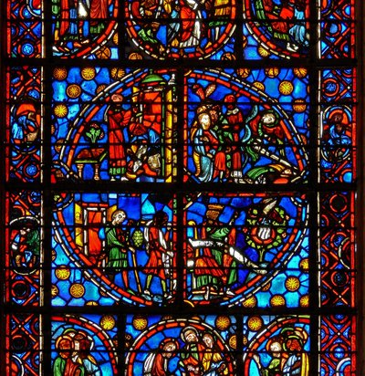 Fenster w10, Darstellung typologischer alttestamentlicher Szenen: die Spione und die Trauben; David und der Pelikan; zwei Passah-Szenen von French School