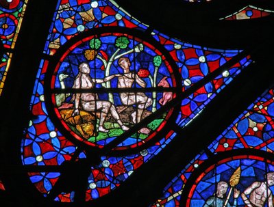 Fenster w115, Adam und Eva unter einem Baum mit Tieren und Vögeln darstellend von French School