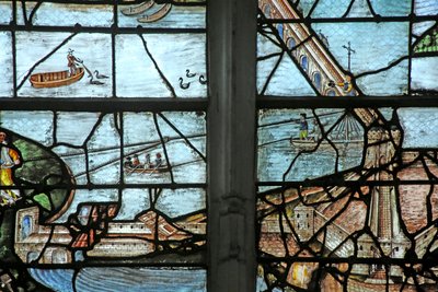 Fenster w12 mit Darstellung des Brückenbaus über die Seine von French School