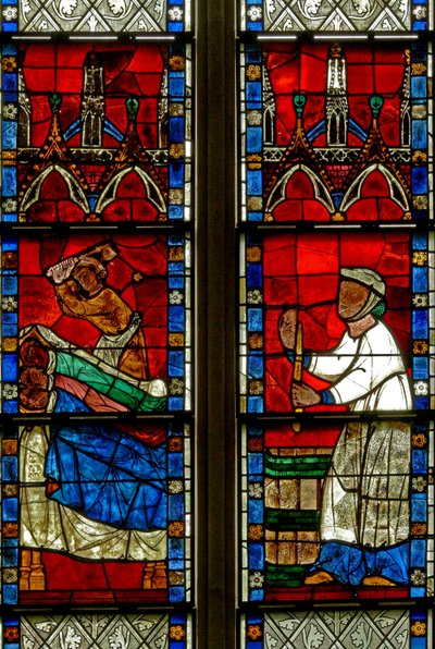 Fenster w15, das eine Szene aus einer Legende von St. Nikolaus darstellt: Das Wunder der 3 Jungen: Ein Metzger tötet drei Jungen von French School