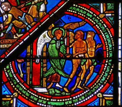 Fenster w15 zeigt das Fenster des barmherzigen Samariters: Adam und Eva werden aus Eden vertrieben von French School