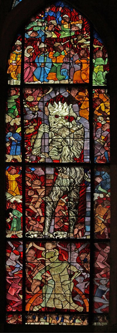 Fenster w16, eine Szene aus dem Jüngsten Gericht darstellend: der Teufel anwesend von French School