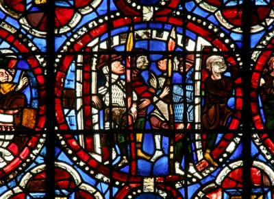 Fenster Nr. 17-L, Darstellung von Josua? der aus einer Stadt hervorgeht von French School