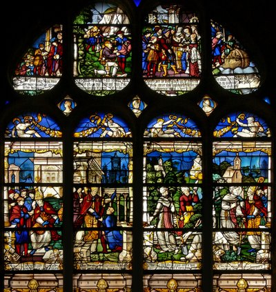 Fenster w19 mit Darstellung von Szenen aus dem Leben des St. Fiacre von French School