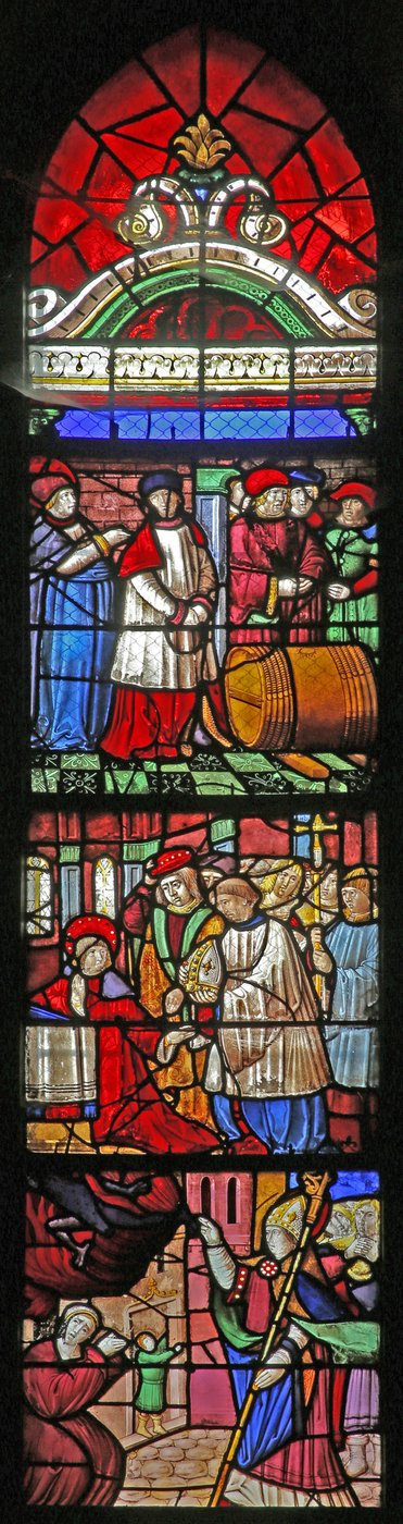 Fenster w19, das das Leben von St. Remi darstellt. Unten: befreit eine besessene Seele. Mitte: wird das Bischofsamt von Reims angeboten (graviert) Oben: Weinwunder von Cernay von French School