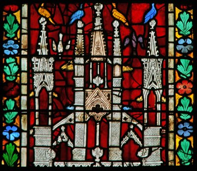 Fenster w205 mit einem Baldachin und Vögeln obenauf von French School