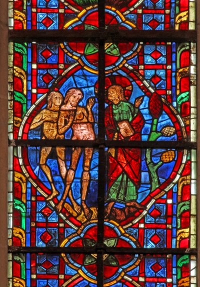 Fenster w207, Adam wird gesagt, nicht vom Baum der Erkenntnis zu essen darstellend von French School