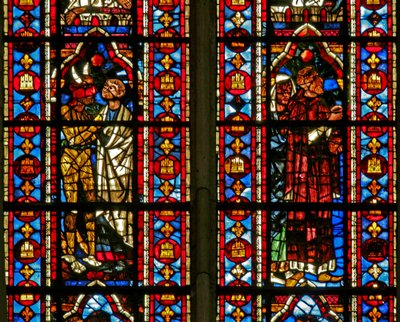Fenster w212 zeigt eine Szene aus der Theophilus-Geschichte: der Teufel bringt ihn zum Wucherer Salatin von French School